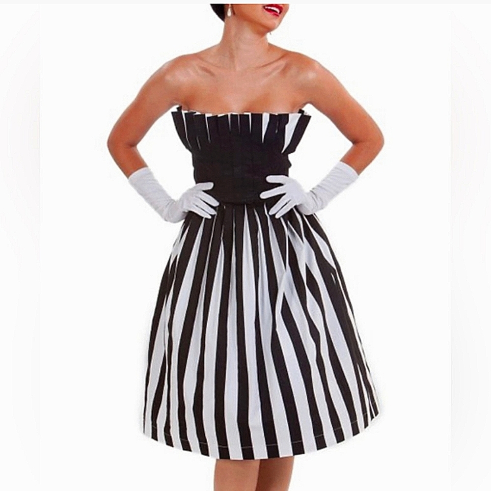 Tatyana Play Me | Black White Stripe Pleated Occasion Dress | Small